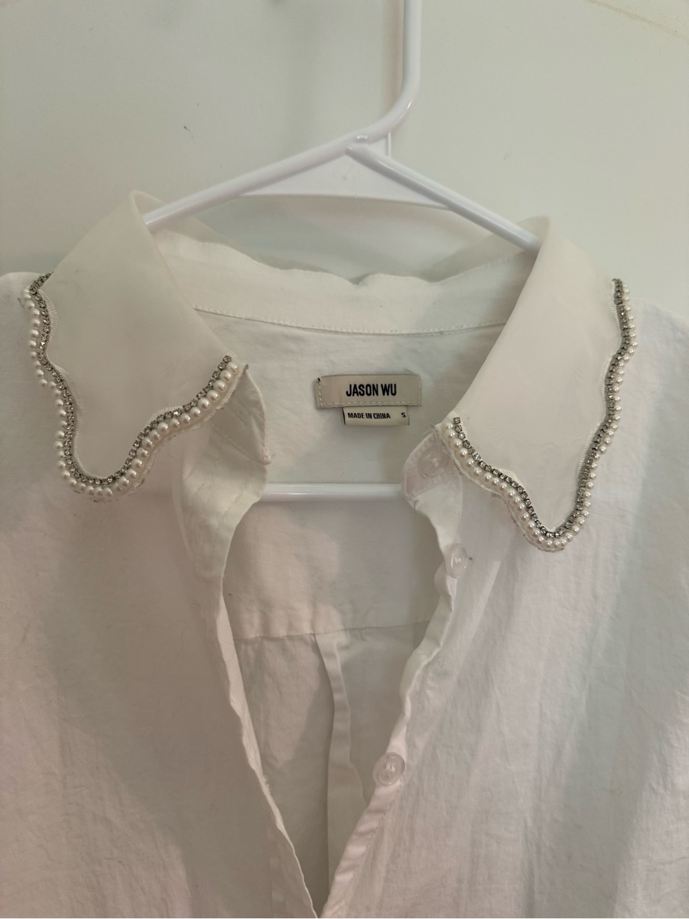 Designer Jason Wu White Beaded Scallop Collar Button Down Shirt
